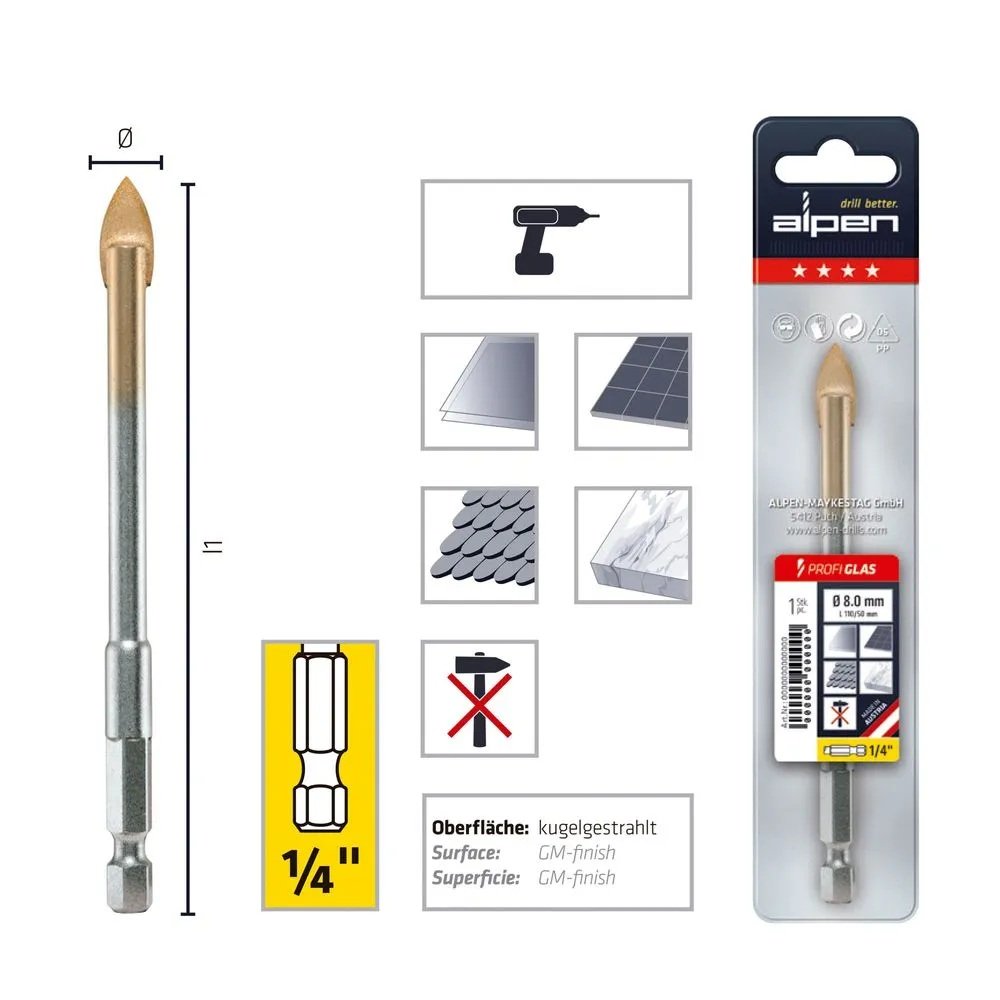 Broca para vidrio 10mm - 3/8" Alpen