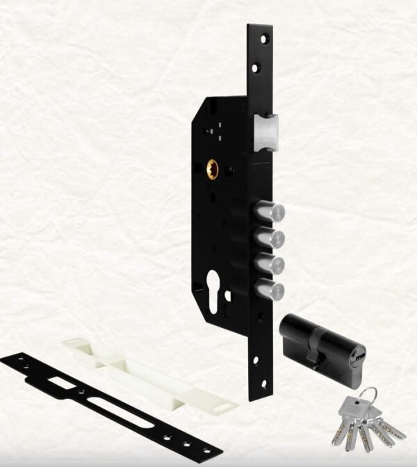 EU-CEM-N04 Cerradura de Embutir 2 Golpes Negro Mate con Manija Eurolocks