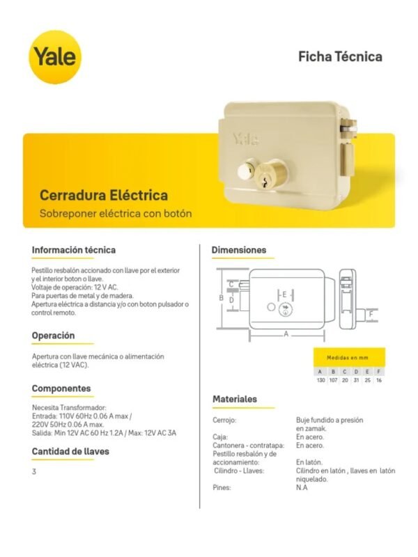 Cerradura Eléctrica con Botón Izquierdo Yale